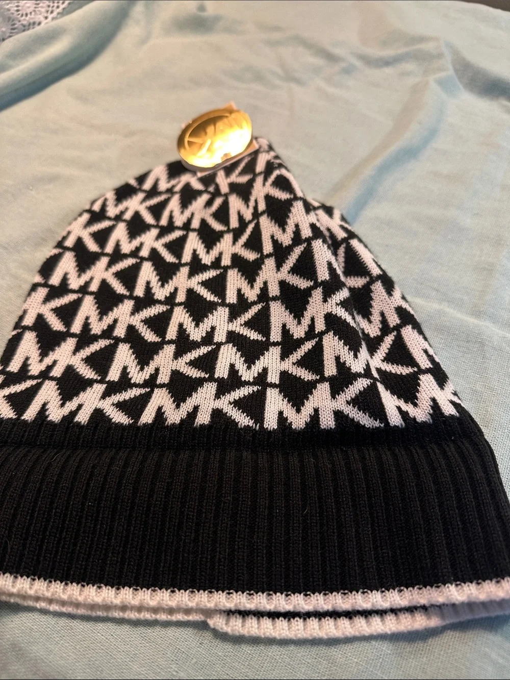Michael Kors Kids Black & White MK Logo Knit Beanie